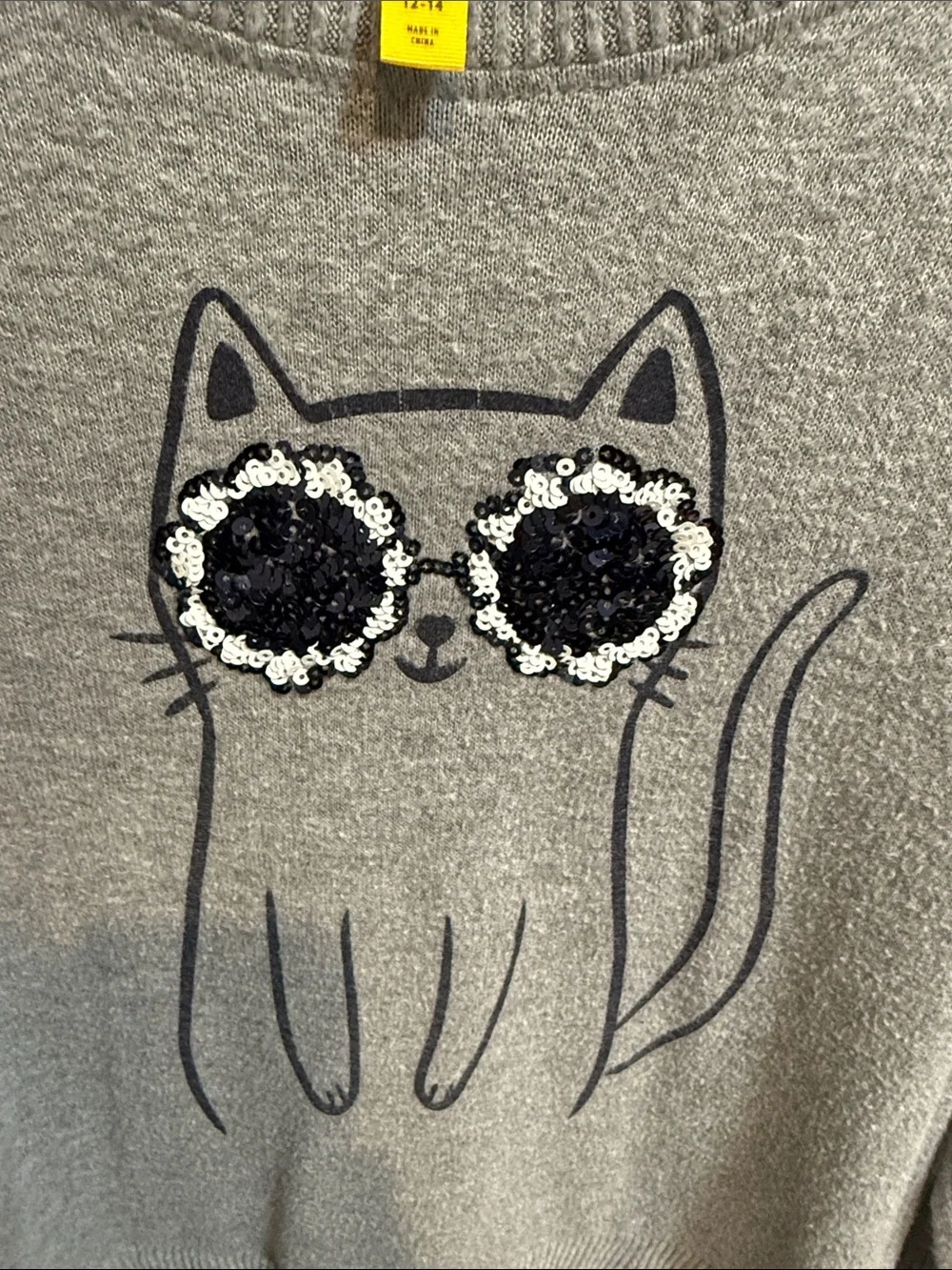 Girls' Gray Cat Sweater with Sequin Sunglasses